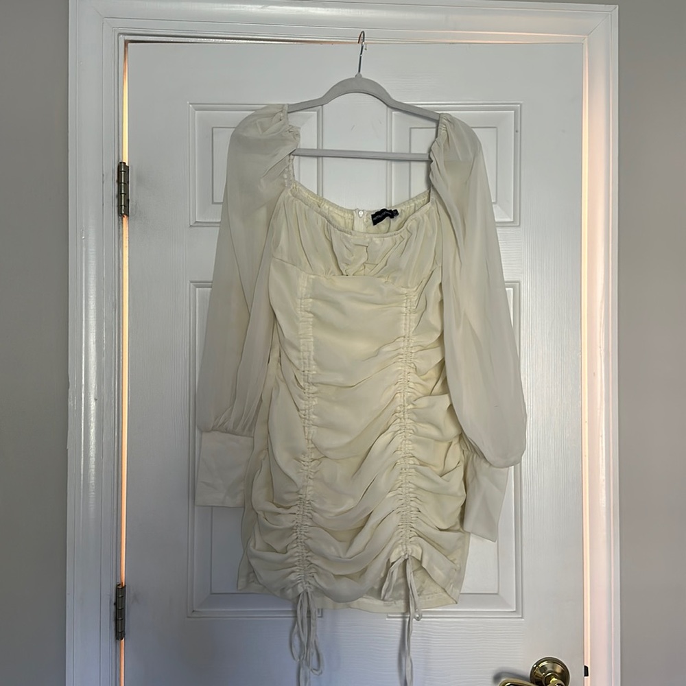 PLT Cream Beige Ruched Dress with Puff Sleeves
